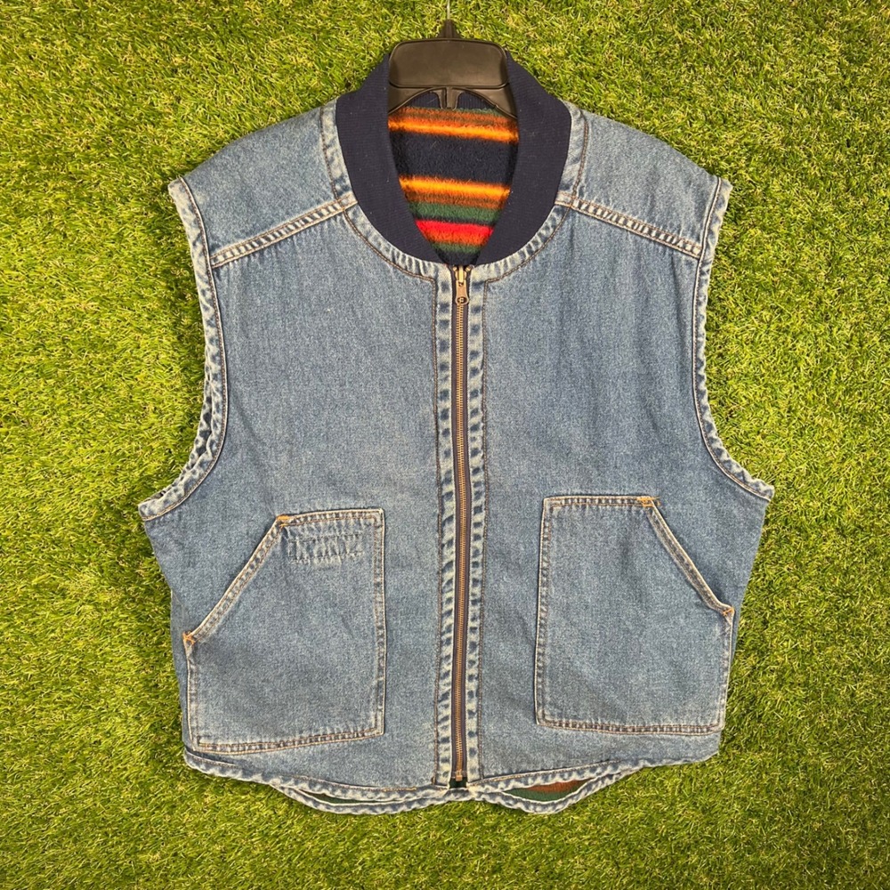 Vintage Reversible Denim Fleece Vest‎ Blue Striped Full Zip XL